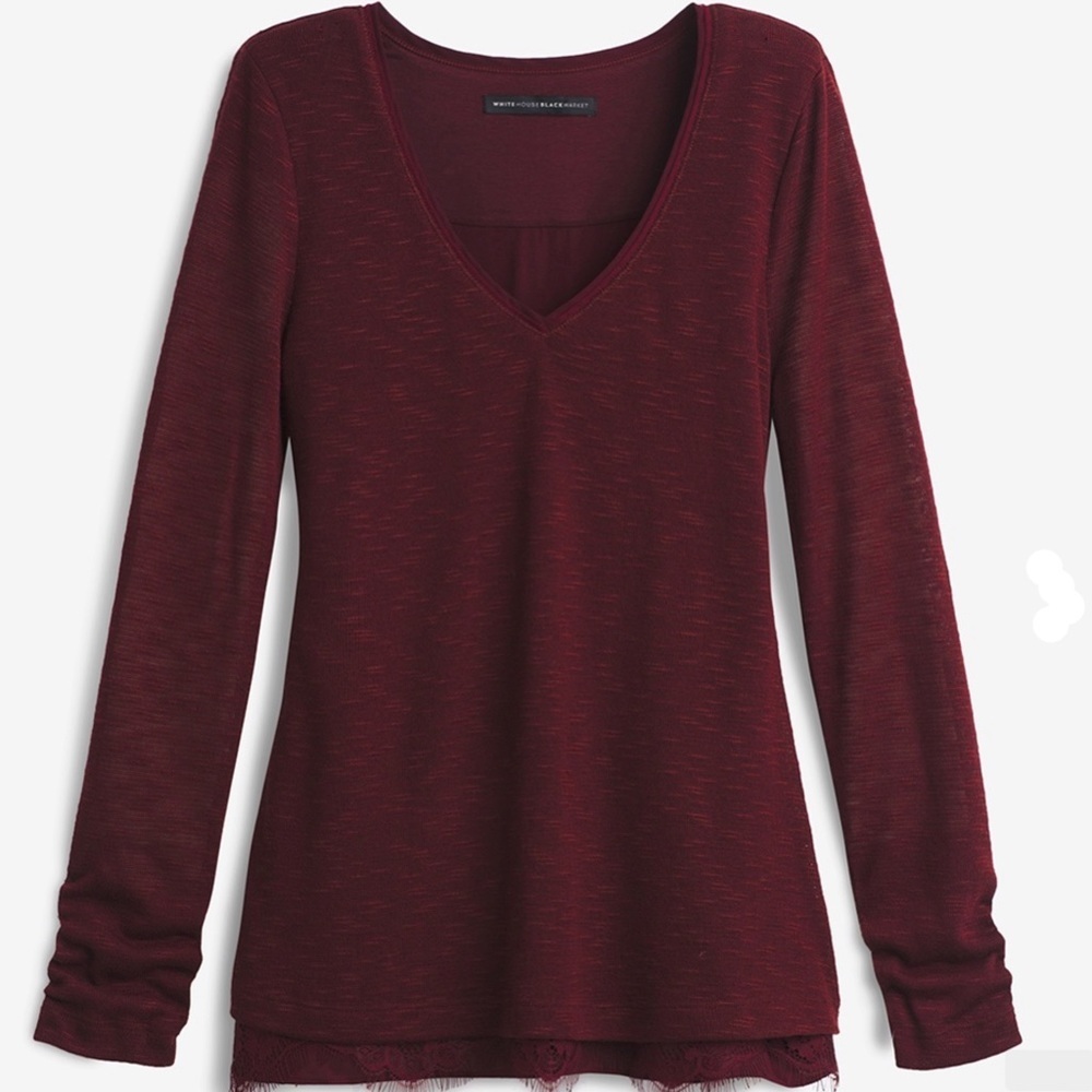 White House Black Market burgundy space dye knit v-neck long sleeve top